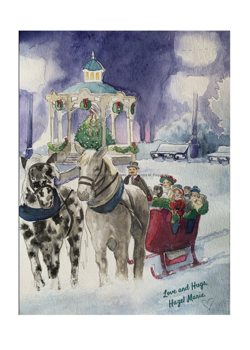 Vintage winter scene with Hazel Marie and friends after caroling on the village common and sharing Christmas joy with townsfolk. Beautiful digital watercolor illustration art print makes a lovely gift when framed and matted for someone special. A lovely companion to the book It’s Me, Hazel Marie! by author Cassandra M. Paquin.