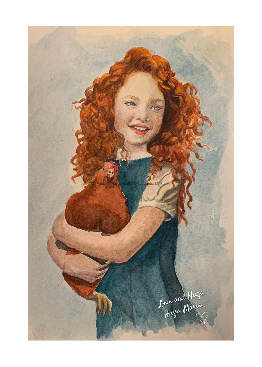 Everyone’s favorite ginger, Hazel Marie, with her pet hen, Noodle. Beautiful watercolor digital art print 5x7 with signature block and white heart. Perfect for matting and framing for decoration in child’s room or your home library.