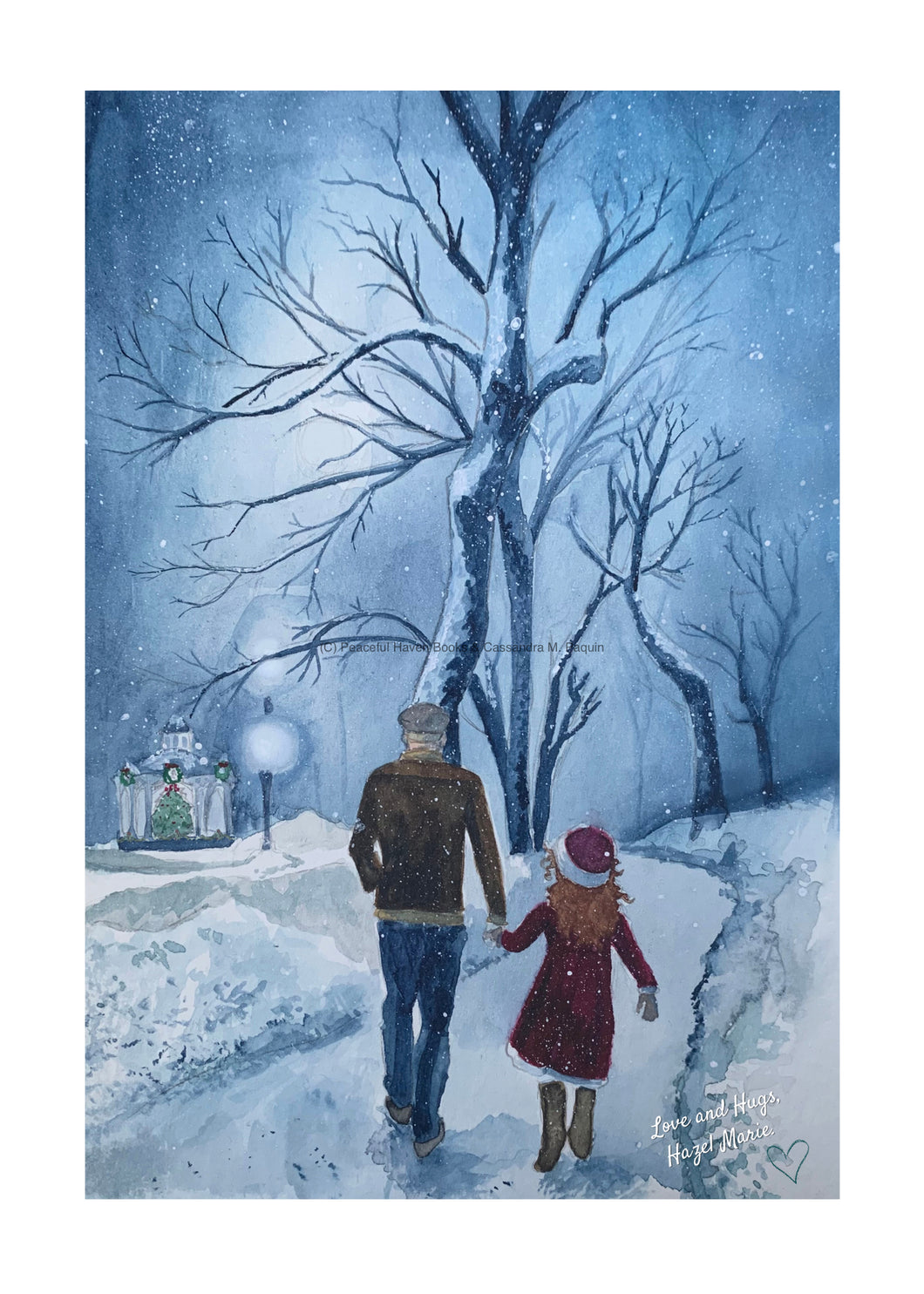 A lovely nighttime walk on the village common as Hazel Marie and Gramps walk to the truck from the church. The snowflakes are growing thicker after the caroling event in the story The Gift of Gifting from the book It’s Me, Hazel Marie! by author Cassandra M. Paquin. The illustrations are by illustrator, Amanda Cotten and focus on a child just being a child in wholesome, uplifting stories that are perfect for ages 6 through 106! Perfect for matting and framing!