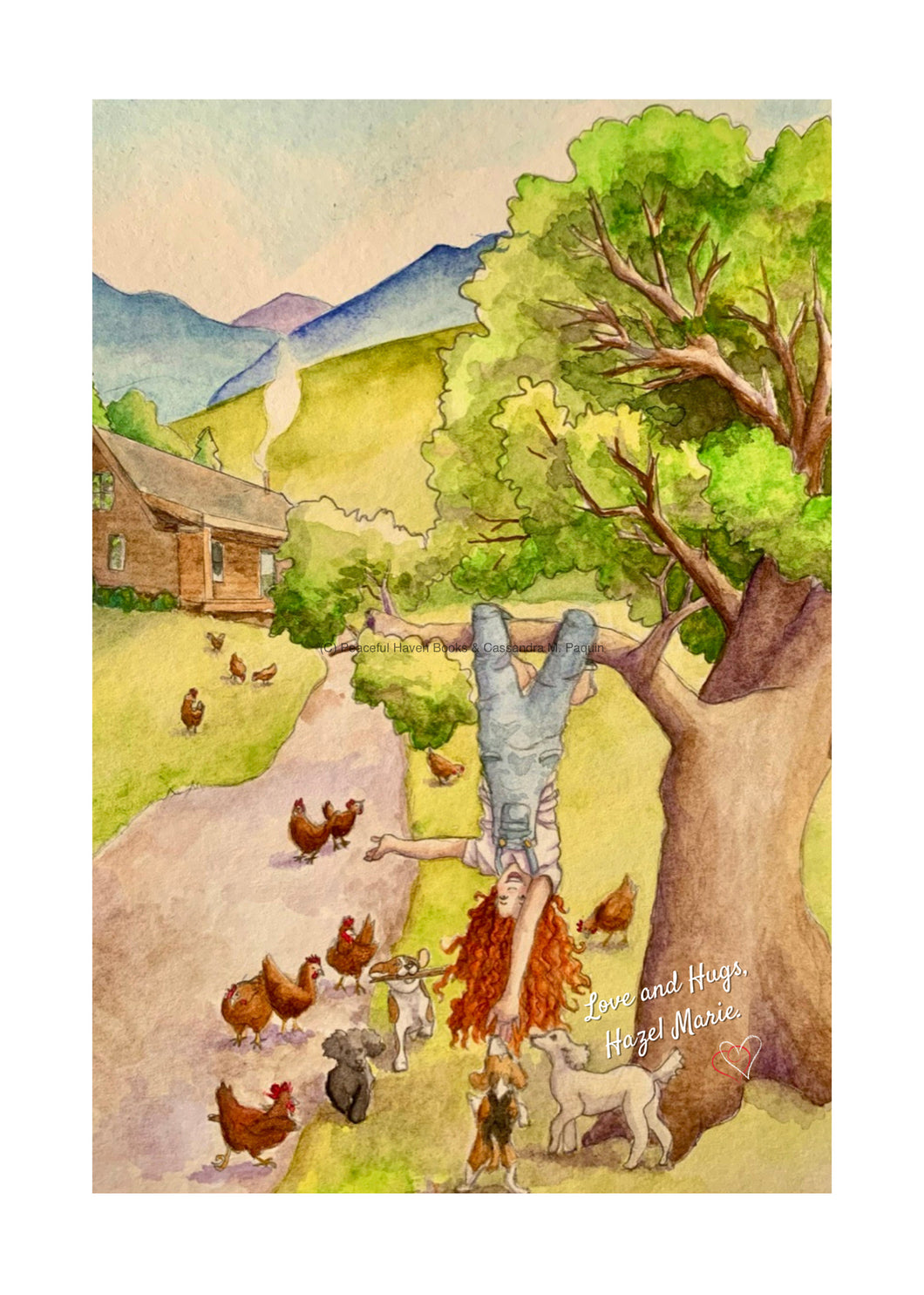 Our little friend, Hazel Marie enjoys climbing trees, playing outdoors in the fresh New Hampshire mountain air with her animal friends at Peaceful Haven Cabin! Just Hanging Around is a 5x7 art print from the illustrations in the book, It’s Me, Hazel Marie! by author Cassandra M. Paquin. The illustrations are by illustrator, Amanda Cotten and focus on a child just being a child in wholesome, uplifting stories that are perfect for ages 6 through 106! Perfect for matting and framing!
